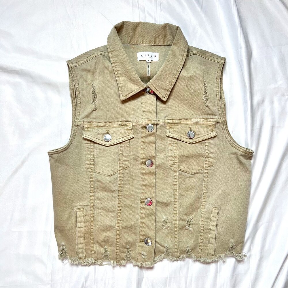 Risen Los Angeles Medium Women's Tan Sleeveless Denim Distressed Vest Brown/Tan